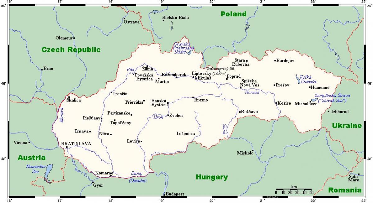 mapa con las ciudades de Eslovaquia