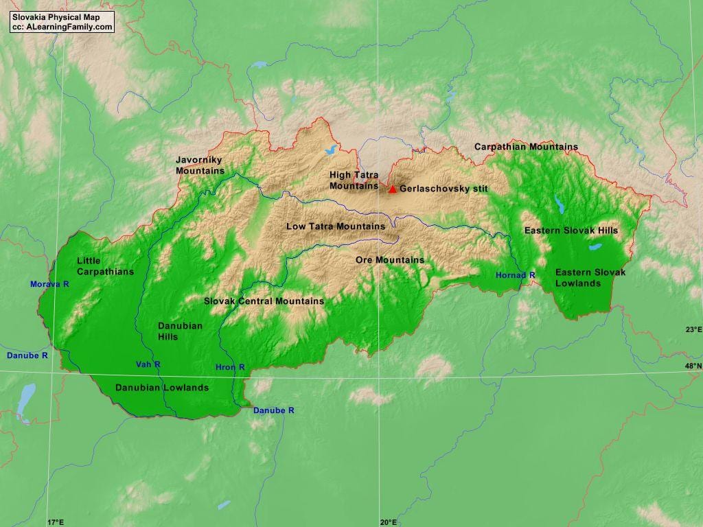 mapa de montañas de Eslovaquia
